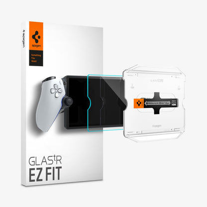 AGL07183 - Playstation Series GLAS.tR EZ Fit showing the installation tray hovering the glass protector, the device and box