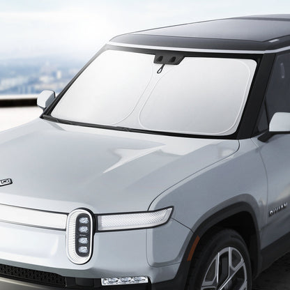 ACP09093 - R1S (2022-2025) Rivian CryoShade RO260 in Black showing the front the vehicle with installed shade inside