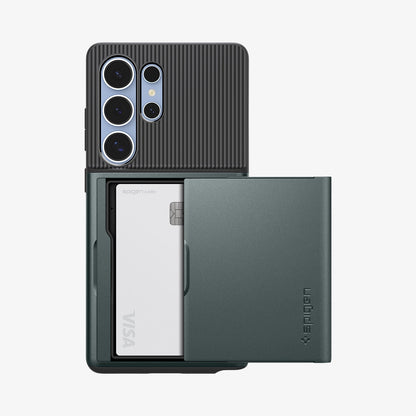 ACS08968 - Galaxy S25 Ultra Case Slim Armor CS in Abyss Green showing the back, card slider open