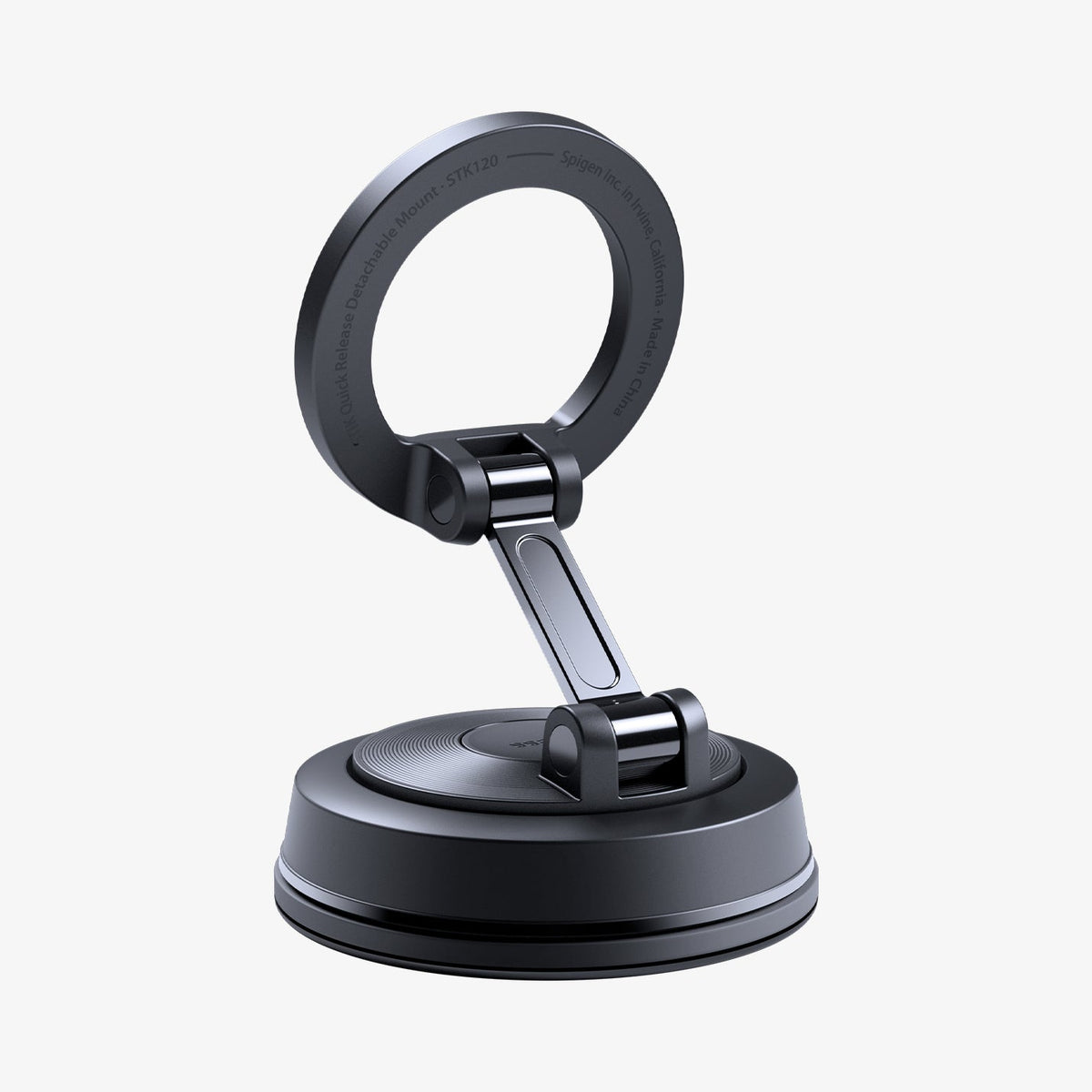 ACP11839 - Spigen STK120 quick release detachable mount standing upright, showing the adjustable arm connecting the ring to the suction base