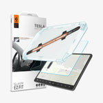 AGL02193 - Tesla Model 3 / Y Screen Protector EZ FIT GLAS.tR showing the packaging, EZ fit tray, screen protector, Tesla screen